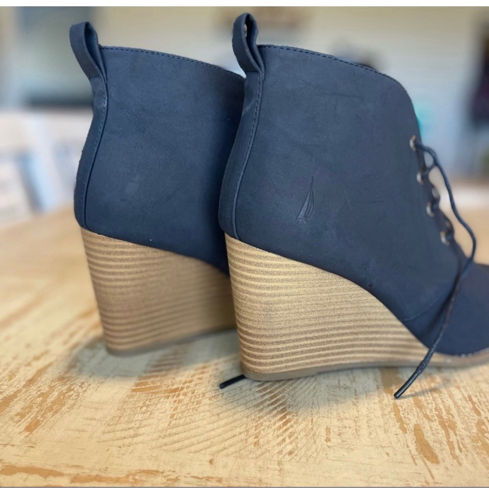 Nautica women's Waterline wedge ankle booties, featuring a navy blue faux suede